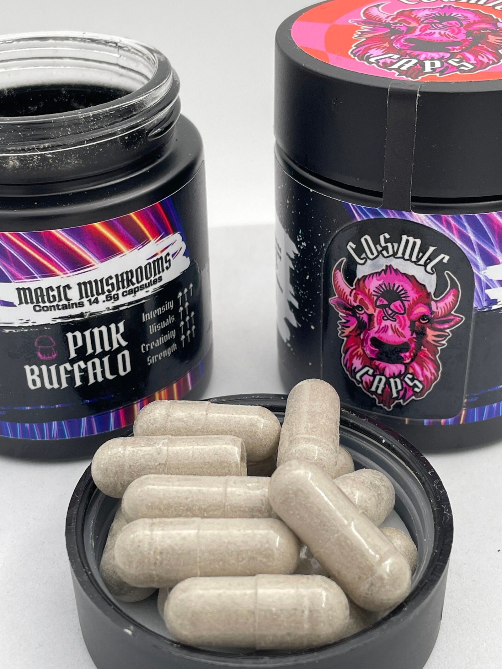 An image of Cosmic Caps Shroom Capsules – Pink Buffalo